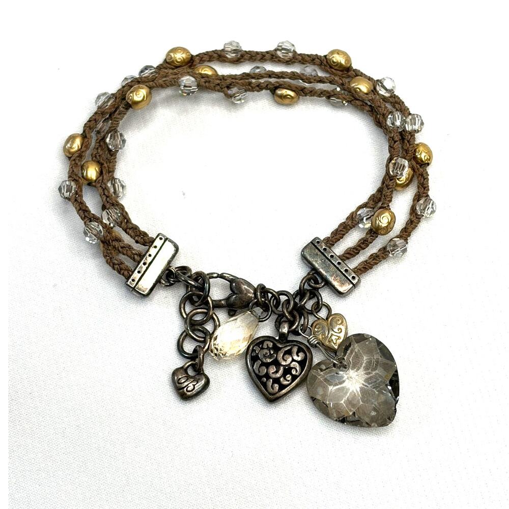 Brighton Karma Brown 3 Corded W/Gold Crystal Beads Crystal Silver Heart Charms